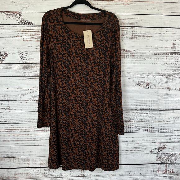 Womens NWT Cut Loose Brown Floral Knit Midi A Line Stretch Casual Comfy Dress XL - Picture 1 of 7